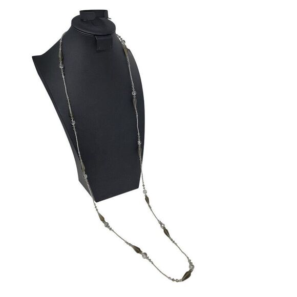 Vtg Long Flapper Necklace Silver Smoky Gray AB Beaded‎ Glass Versatile Opera - Picture 2 of 9